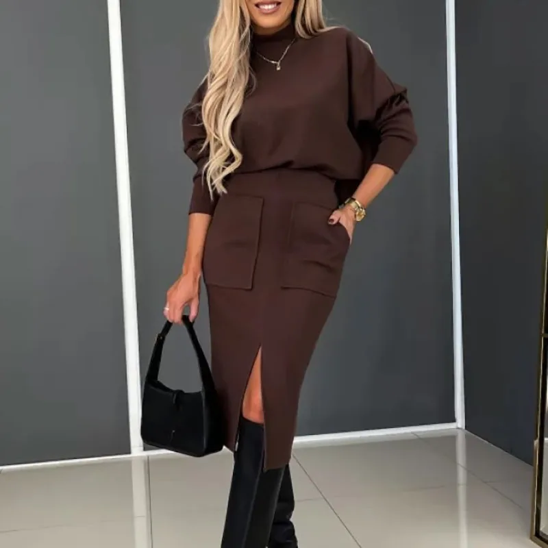 Chic Commute Office Outfits Lady Solid Turtleneck Top And Slim Slit Pocket Skirt Suits Elegant Women Knitted Skirt Two Piece Set