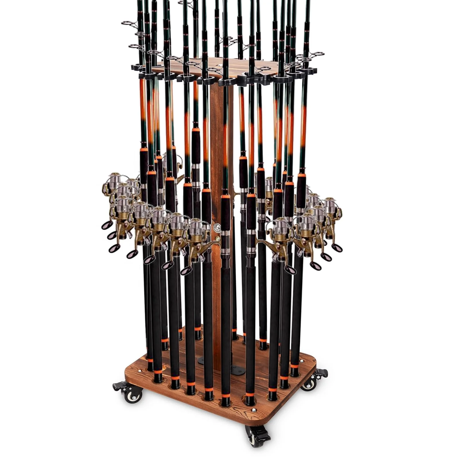 Hikeen Fishing Rod Holders for 360 Degree, Floor Stand Holds up to 24 Rods, Wooden Fishing Rod Racks with Rolling Wheels