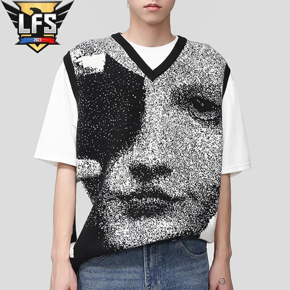 

Hip Hop V-Neck Knitted Sweaters Vests Mens Harajuku Facial Printed Waistcoat Streetwear Casual Loose Y2K Pullovers Couples Black