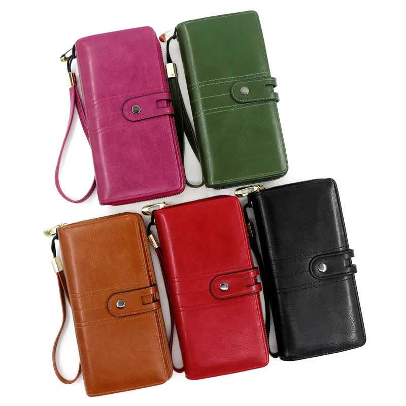 

Women's Purse Long Zipper with Oil Wax Leather Jane Hold Handbag Certificate Coin Purse