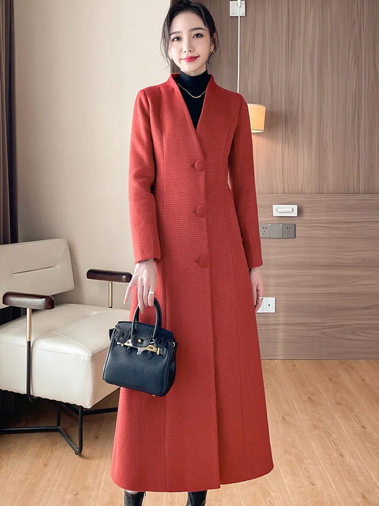 New Women Autumn Winter Red Woolen Coat Simplicity Fashion V-Neck Single Breasted Slim Wool Blended Overcoat Elegant Long Coat