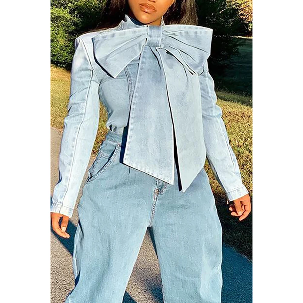 Plus Size Daily Blouse Light Blue Bow Denim Jacket Blouse