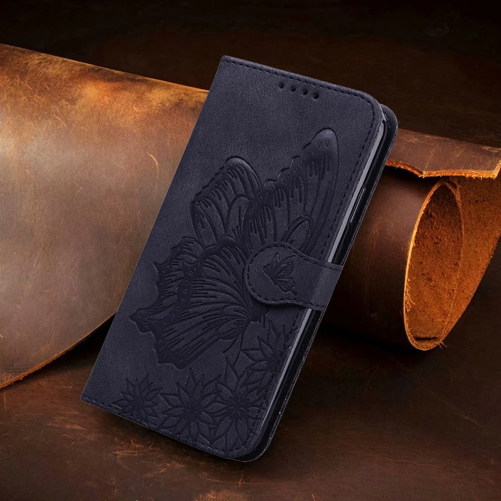 Butterfly Leather Flip Case with Card Holder and Hasp Wallet Features