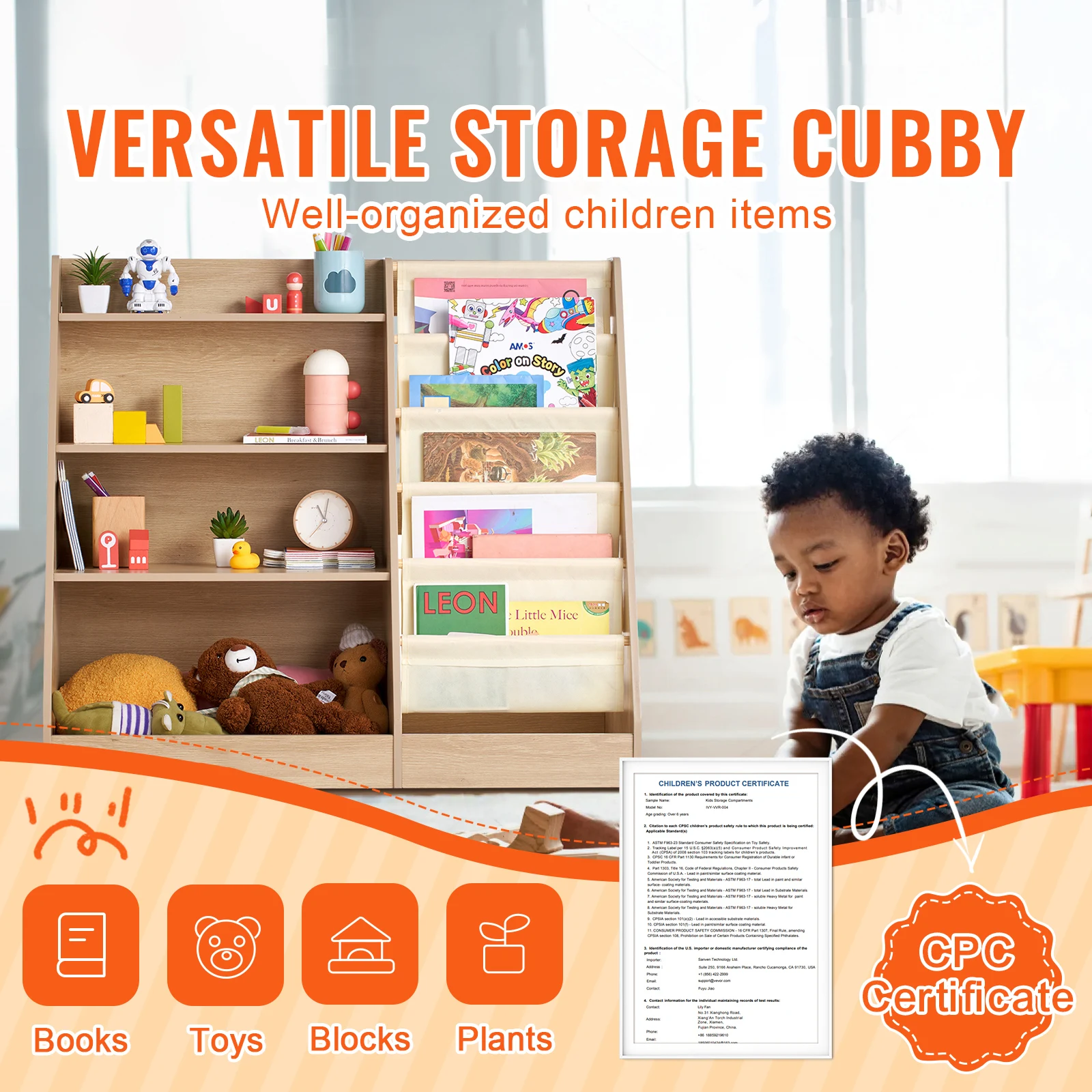 Wooden Kids Bookshelf Storage Rack for Nursery Playroom