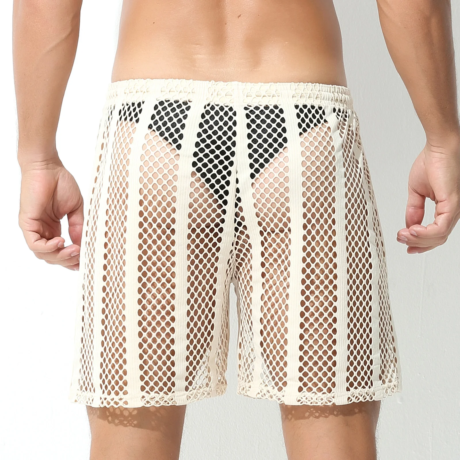 Men's Sexy Transparent Shorts Mesh Loose Breathable Sporty Lace-Up Mid Pants Sheer Striped Nightclub Sex Bottoms
