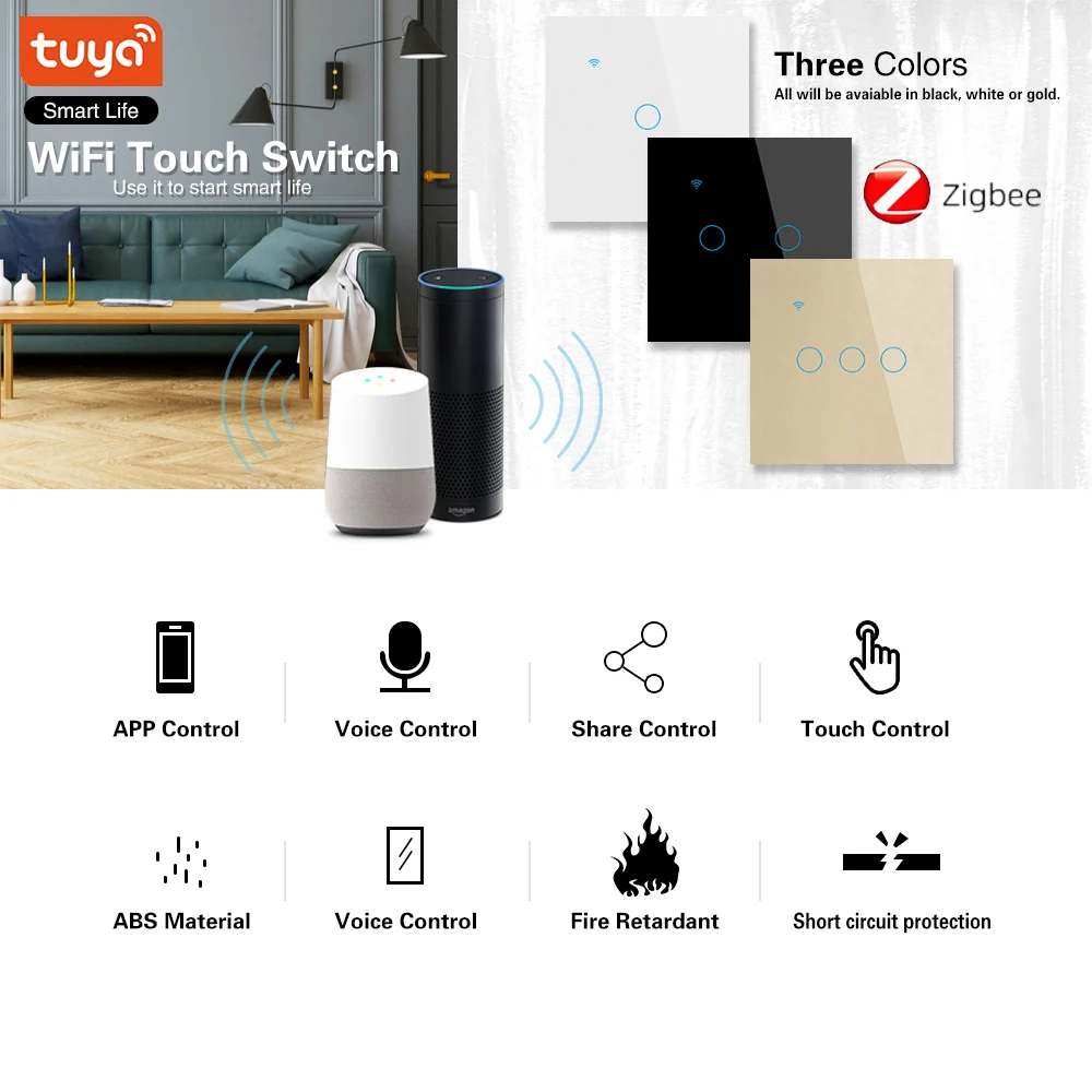 UBARO EU Standard Zigbee Smart Wall Touch Switch 220V LED Backlight Glass Panel Works With Google Home Tuya Alexa Voice Control