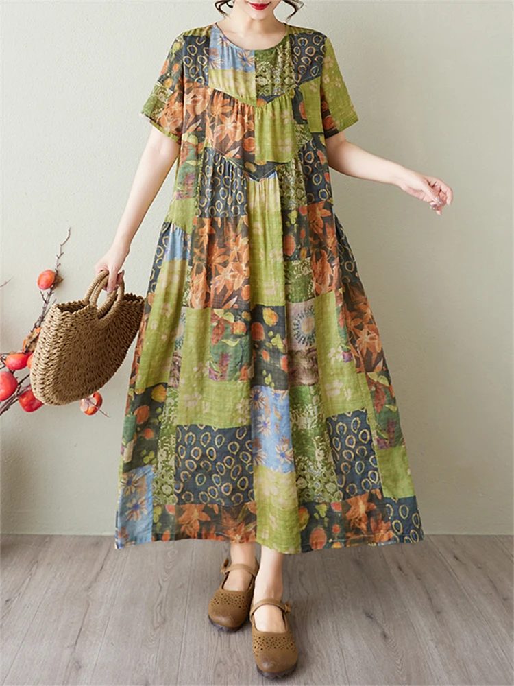 Summer Cotton Vintage Casual Loose Print Dresses For Women Short Sleeve Dress Femme Vestidos Elegant Office Lady Work Clothing