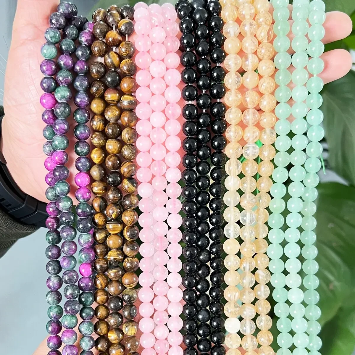 1 Strang, 45 Stück, Naturstein, Rosenquarz, Tigerauge, schwarze Obsidian-Perlen für die Schmuckherstellung, DIY-Armband, Halskette