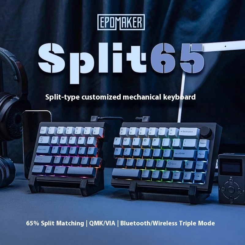 EPOMAKER Split65 기계식 키보드, RGB 핫 스왑 분할 게임용 키보드, 손잡이 포함, QMK/VIA 맞춤형 PC 액세서리 선물, 3 가지 모드