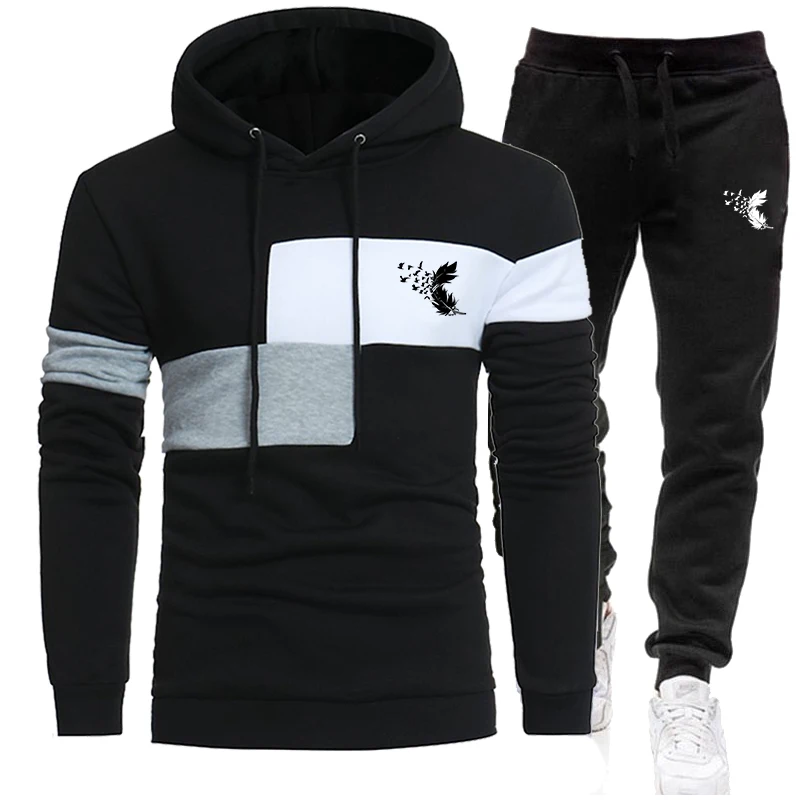New Men's Fashion Hooded Pants Set Printed Panel Pullover Casual Jogging Set Feather Printed Sportswear Sweater Set