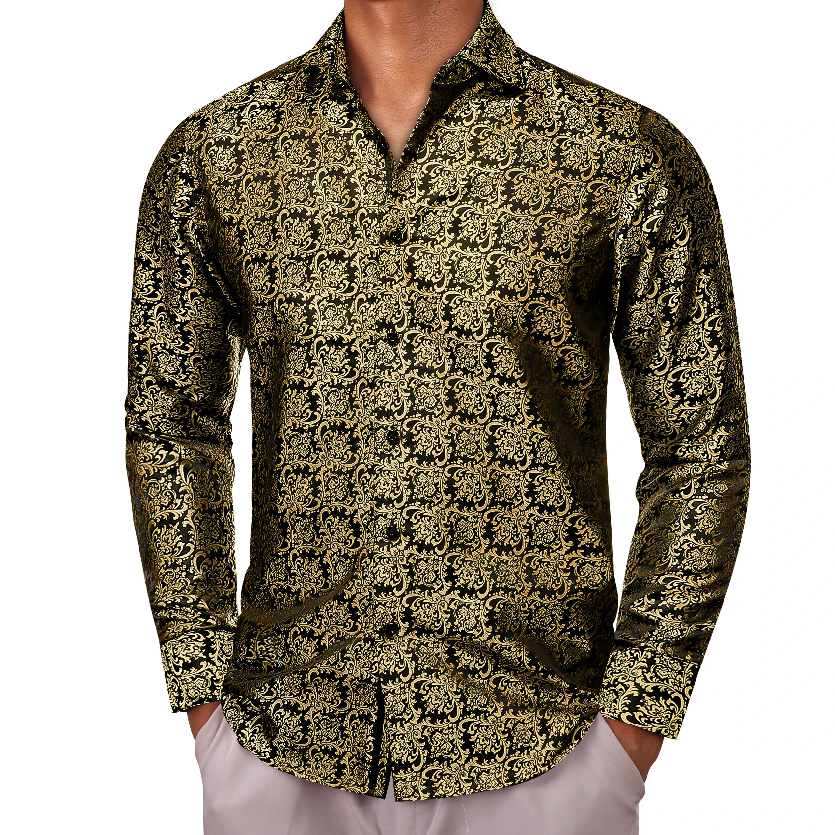 Designer Shirts for Men Silk Long Sleeve Gold Black Flower Slim Fit Male Blouses Casual Formal Tops Breathable Barry Wang