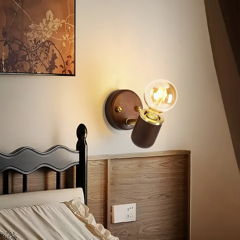 Bedroom Vintage wall lamp with pull wire switch can rotate the French medieval wabi-Sabi solid wood retro lighting cream wind