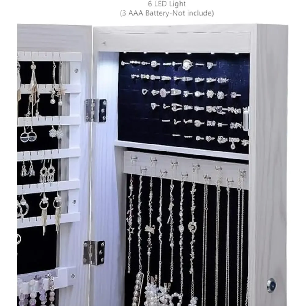 LED Lighted Wall-Mounted Jewelry Armoire Cabinet Organizer with Full-Length Mirror White Wood Storage Solution 6