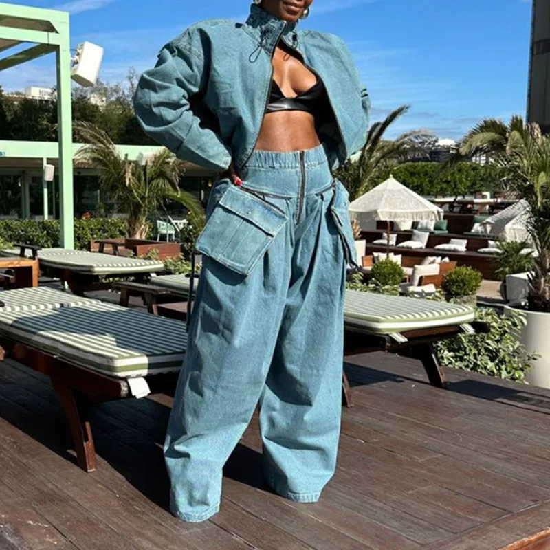 Vintage Denim Women 2 Piece Set Zipper Fly Crop Jacket Wide Leg Cargo Jeans with Big Pockets 2023 Winter New Workout Tracksuits