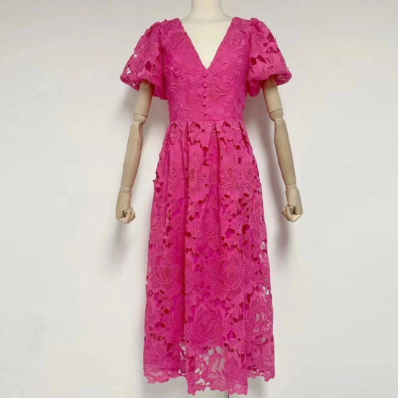 

Women Elegant Embroidery Midi Dress Summer Cutout High Waist Slim Fit Casual Long Dress
