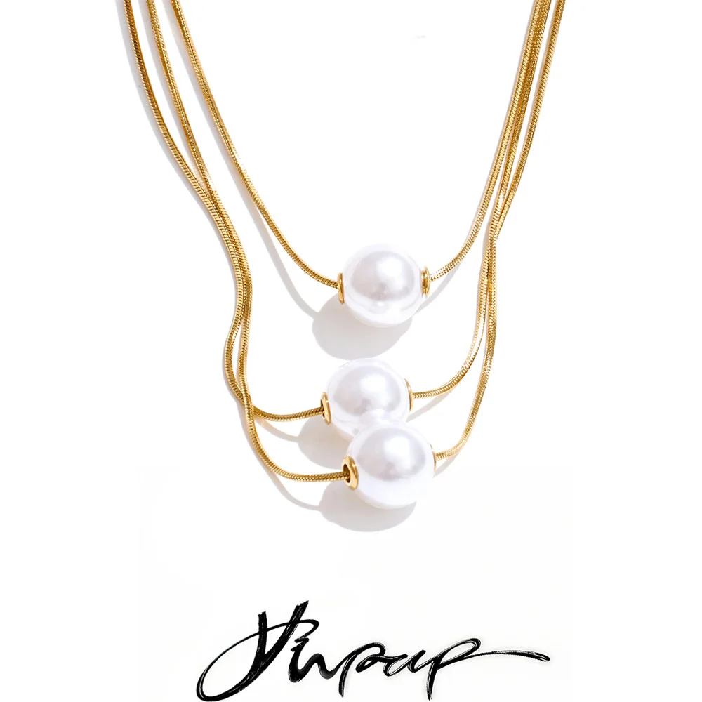 Yhpup Korean Stainless Steel Simulated Pearls 3-Layered Pendant Necklace