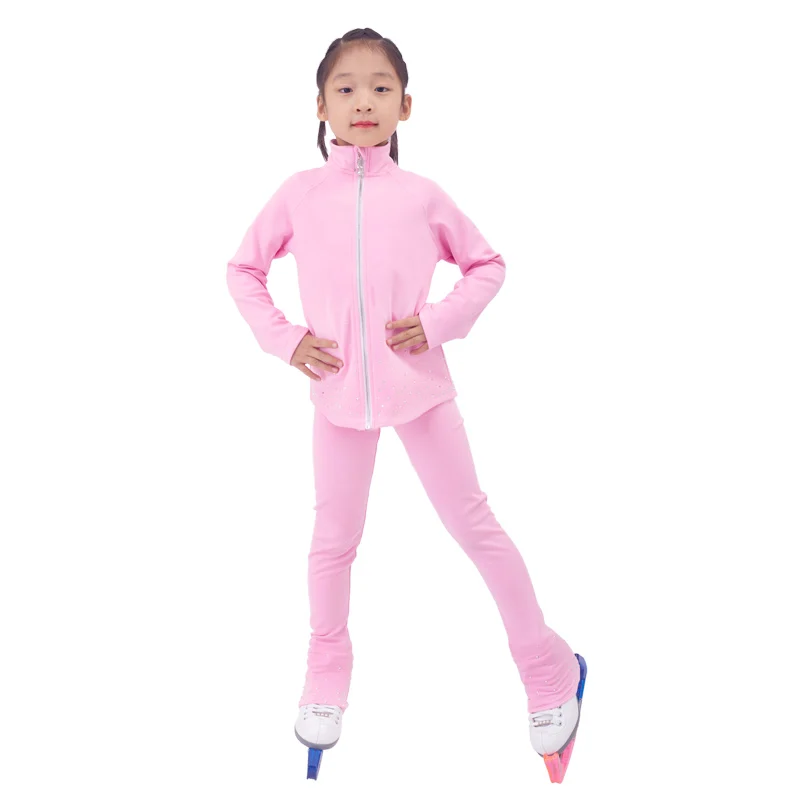 New Ice Figure Skating Jacket Pants Women Girl Trousers Top Black Teens Children Kids Colored Blue Rhinestones Training