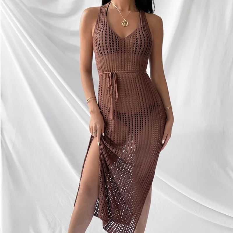 

Summer Casual Loose Knitted Long Dress V Neck Tropical Resort Hawaiian 2024 Dresses for Women Sun Dresses Beach Outfit Vacation