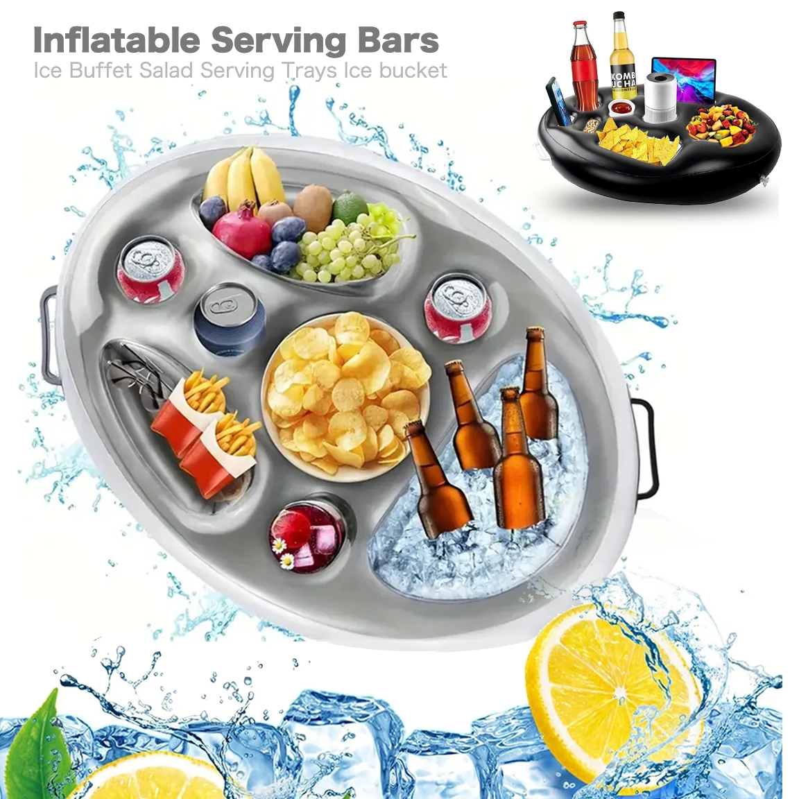 Floating Table Water Ice Bar Swimming Ice Bucket Cup Holder Inflatable Serving Bar Cooler Bag Family Party Float Beer Drink Tray