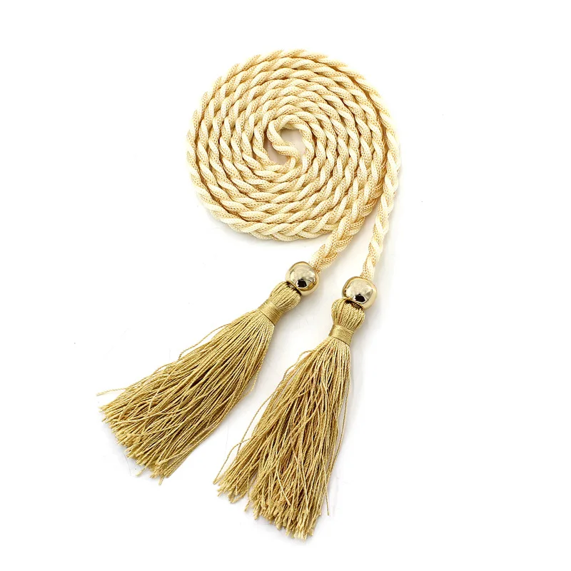 New Women's Solid Color Braided Tassel Belt 2023 New Boho Girls Thin Waist Rope Knit Belts for Dress Waistbands Accessories