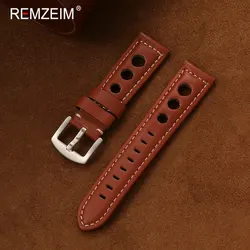 Men's Vintage Perforated Genuine Leather Watch Band - Breathable Replacement Strap - 22mm (Light Brown)