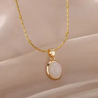 Fashion Stone Opal Oval Necklace For Women Stainless Steel Gold Color Oval Stone Pendant Necklace Wedding Aesthetic Jewelry Gift 3