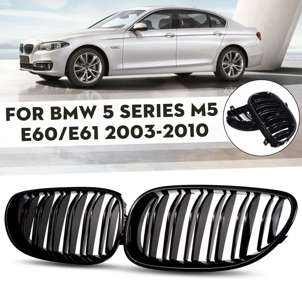 2Pcs Duable Slat Gloss Black Front Bumper Kidney Grille Grill Accessories For BMW 5 Series M5 E60/E61 2003-2010