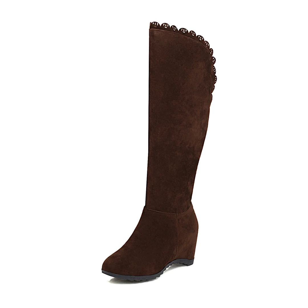 

Mstyle Women Handmade Hidden Wedge Heel Height Increasing Knee High Boots Brown Black Suede Eound Toe Floral Edge Sheared Shoes