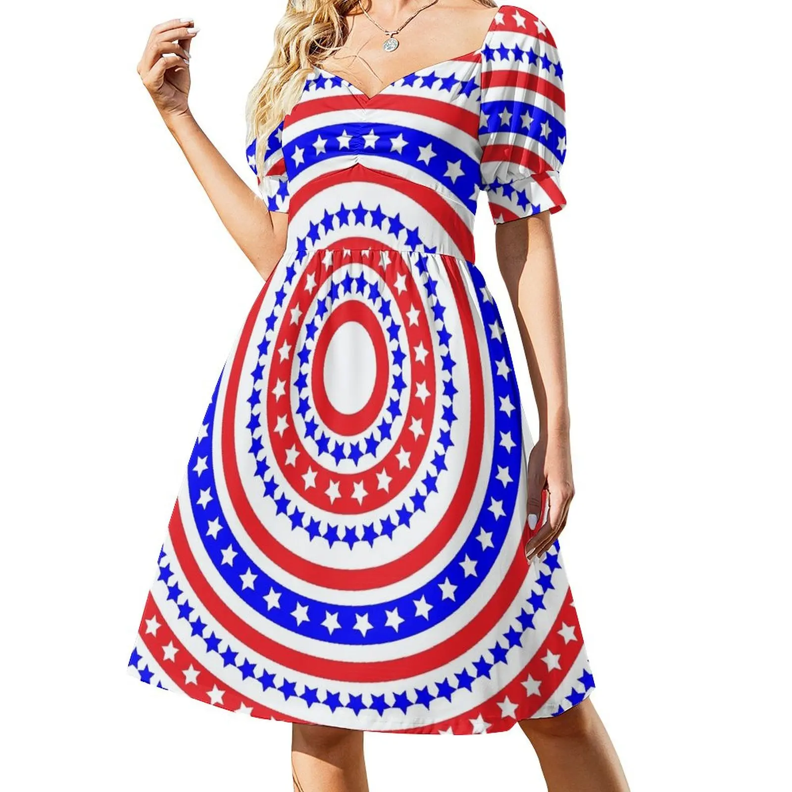 thumbnail image 1 of Vestido de manga corta con estampado de anillos patrióticos, ropa de mujer, novedades , vestidos de fiesta para mujer, ropa de verano para mujer, vestido, 1 of 7