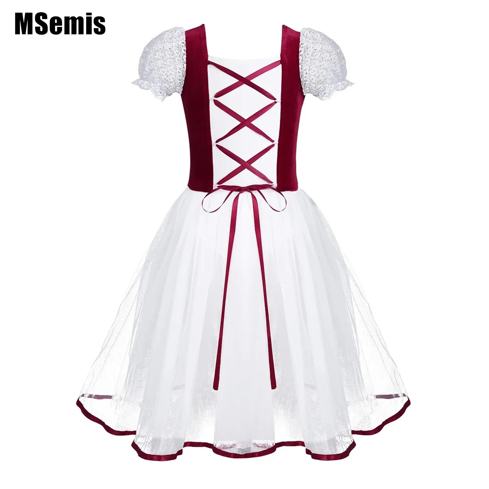 

Kids Girls Lacework Ballet Dress Velvet Mesh Short Bubble Sleeves Gymnastics Leotard Dance Tutu Dress