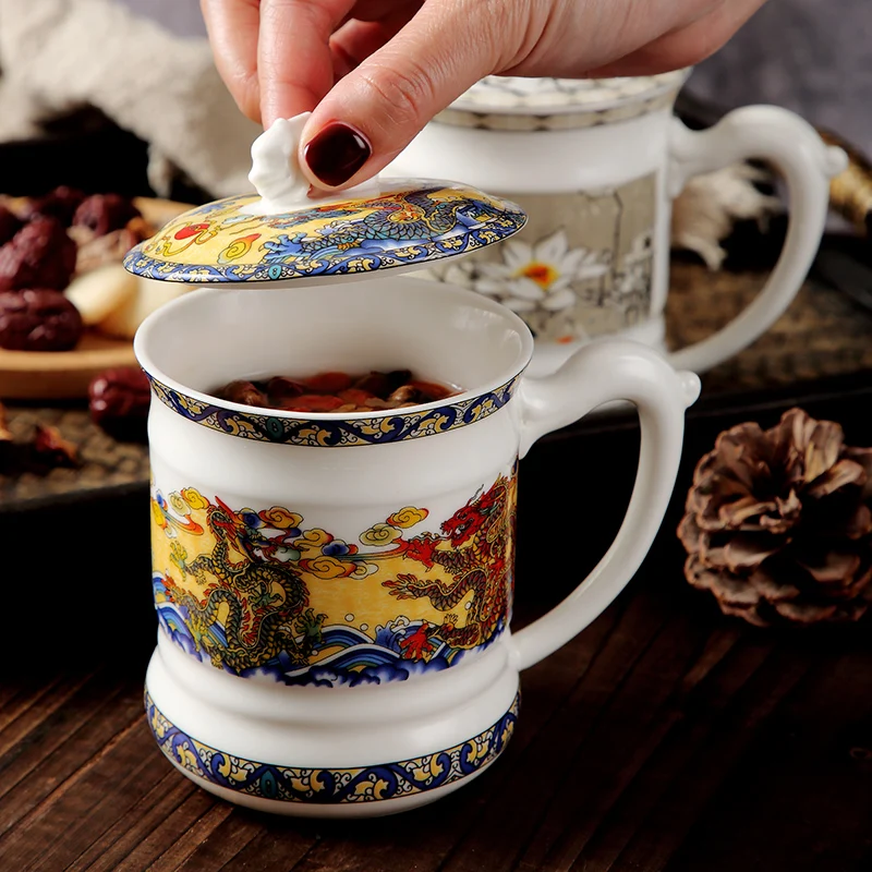 Chinese Style Pattern With Cover Ceramic Personal Mugs, Creative Household tea service items Milk Water make tea Cup, 400ml, 1Pc