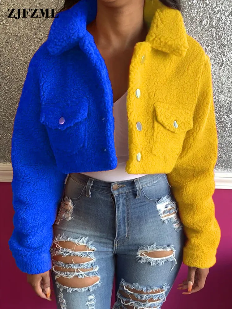 Yellow Blue Color Block Spliced Crop Jackets Women Casual Turn Down