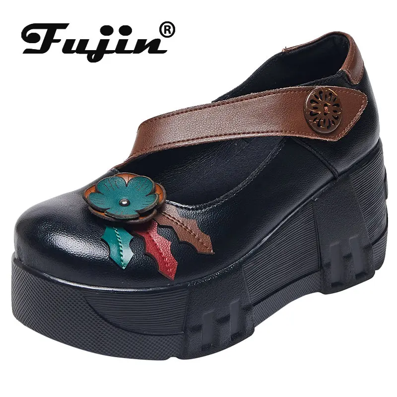 

Fujin 7cm Ethnic Summer Fashion Platform Mary Jane Pumps Shoes Genuine Leather Hook Appliques Flower Women Luxury Wedge Heel