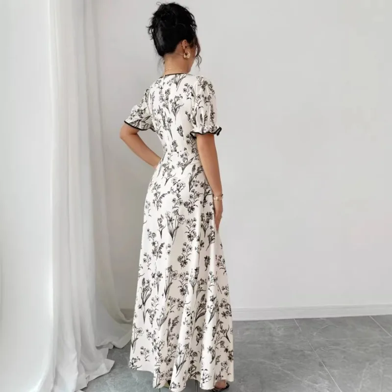 Elegante Abito Lungo da Sera con Stampa Floreale per Donna, Nuovo Stile Francese 2026, Maniche Corte a Sbuffo, Bordo con Volant, Vita Sottile - immagine 2