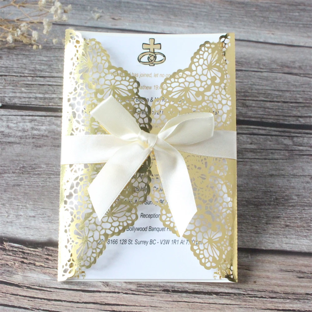 

Metallic Gold Wedding Invitation Kit Marriage Celebration Party Invites Custom Text Printing Multi Colors 50 Sets