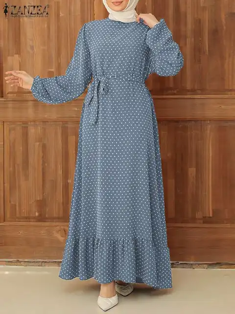  - ZANZEA Women Vintage Polka Dot Printed Maxi Dress Fashion Long Sleeve Ruffles Hem Muslim Dubai Turkey Sundress Ramadan Dresses