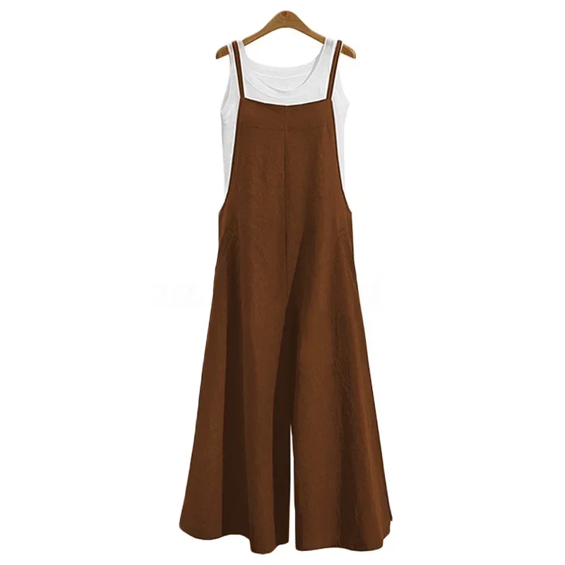 2024 New Women Straps Jumpsuit Summer Solid Color Wide Leg Pants Overalls Casual Loose Sleeveless Cotton Linen Jumpsuits 5Xl