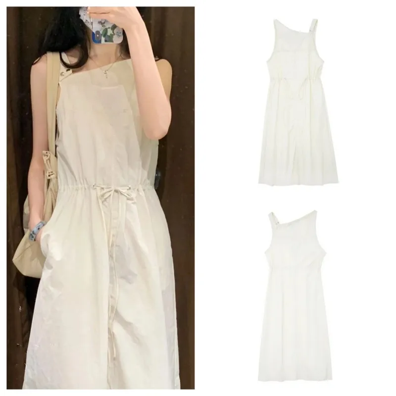 

2023 New Women's All-match Sleeveless Asymmetric Suspender Dress Oblique Shoulder Waist Slimming Nylon Tooling Dress