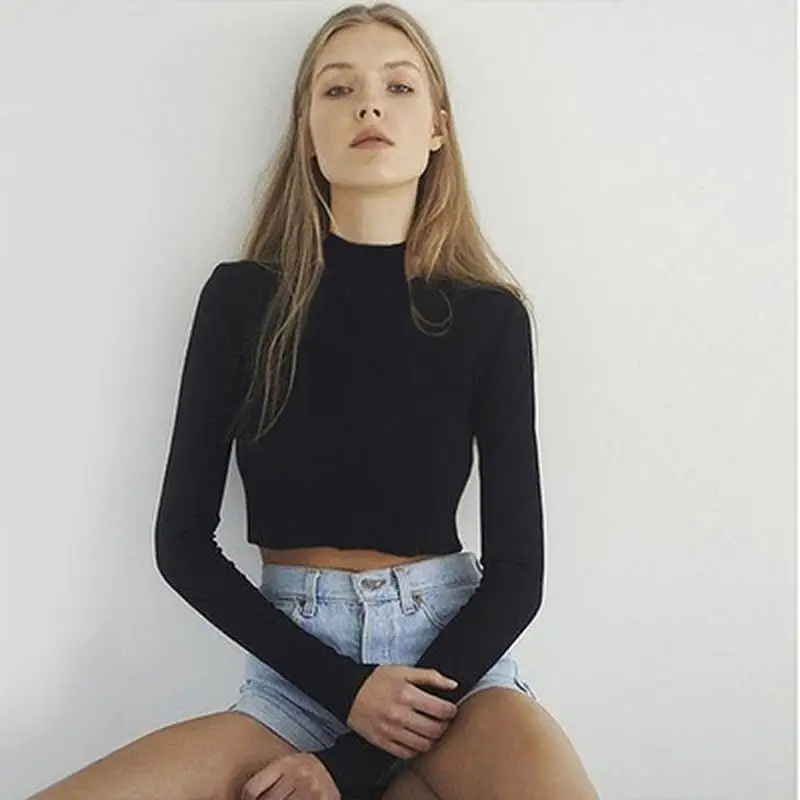 Fashion Women T-shirt Long Sleeve Crew Neck Solid Slim Fit Ladies Crop Top for Daily Streetwear Fashion Autumn Solid Tops