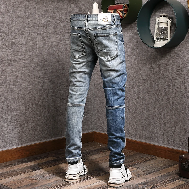 Streetwear Fashion Men Jeans Retro Blue Stretch Slim Fit Ripped Jeans Men Vintage Trousers Patched Designer Hip Hop Pants Hombre