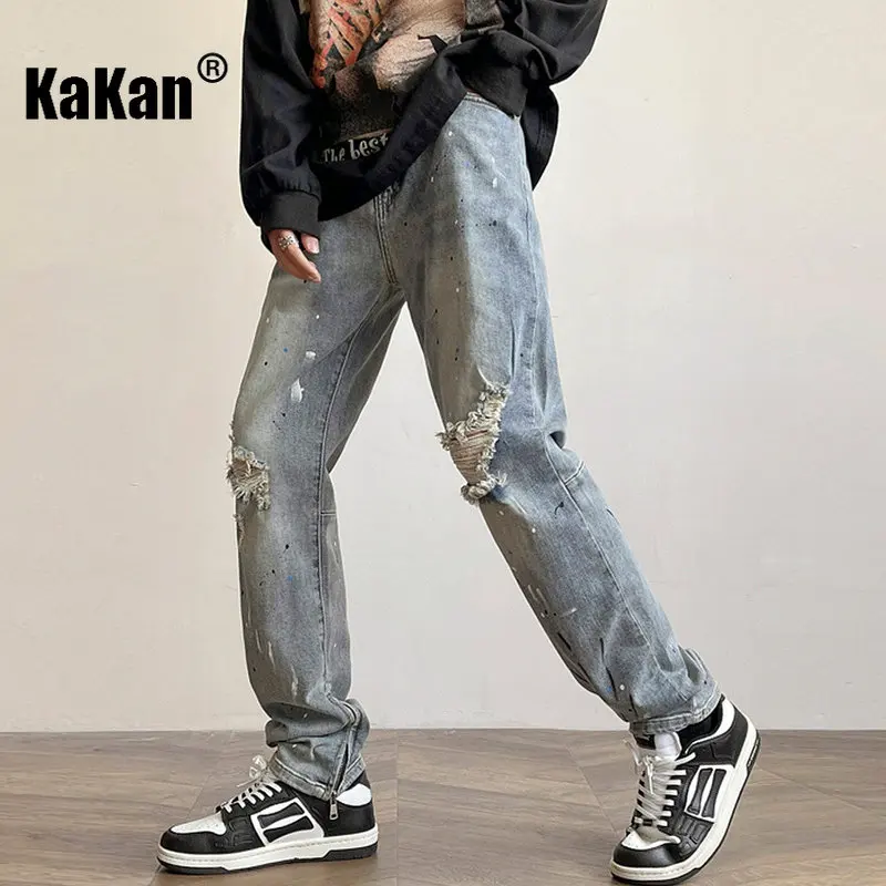 Kakan - Spring and Summer New Speckle High Street Blue Jeans Men's Wear, Washed Old Slim Fit Straight Leg Jeans K024-LQS721