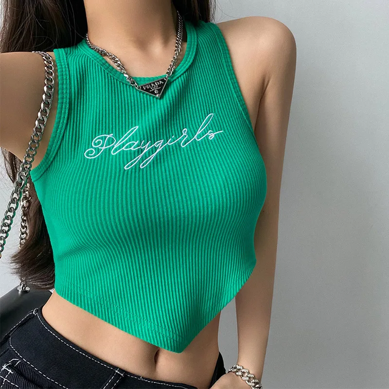 

Boring Honey Women Summer Sleeveless Short Sexy Crop Top Letter Embroidery Solid Color Ribbed Knit Asymmetrical Hem Racerback