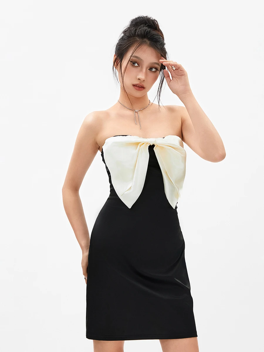 Elegant Sleeveless Off-shoulder Dress with Contrast Color Bows Strapless Backless Design for Party or Beach Wear