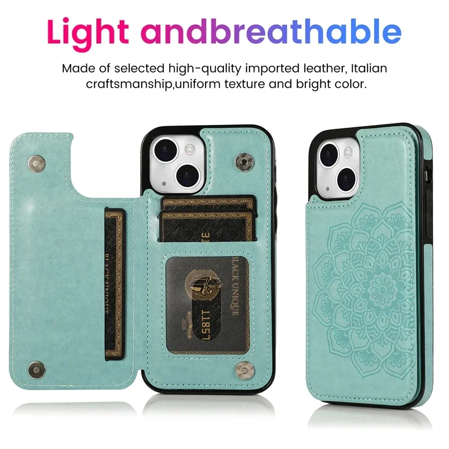 Elegant Datura Double Buckle Leather Wallet Case with Card Slots and Magnetic Flip Closure