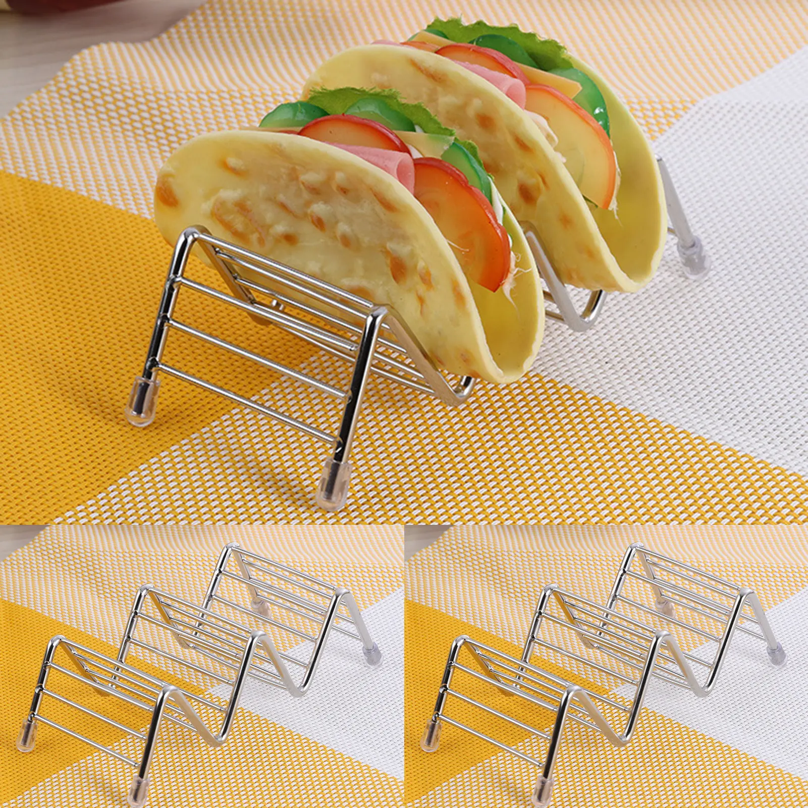 Stainless Steel Taco Holder With Dipping Dish Wave-Shape Mexican Tacos Rack Taco Food Plates Display Stand For Home Kitchen