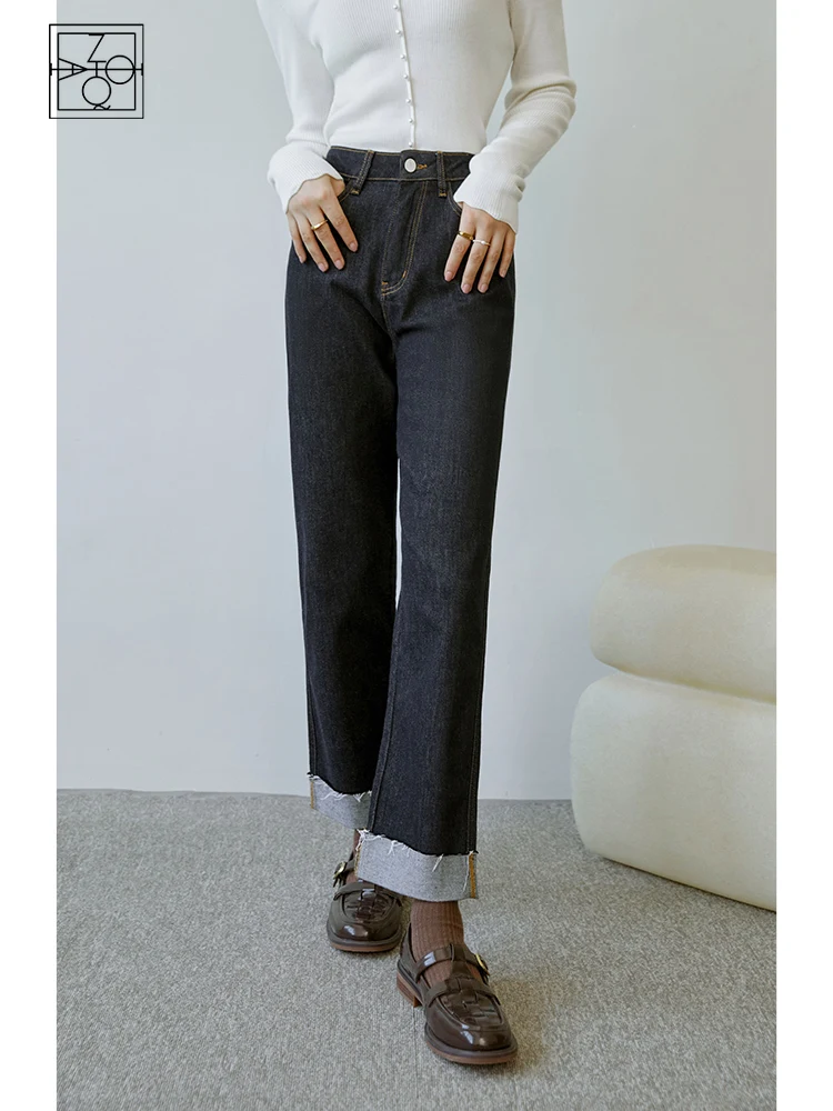 

ZIQIAO Retro Style Women Nine Points Dark Denim Jeans 2022 Autumn High Waist Straight Tube Casual Commuter Female Trousers