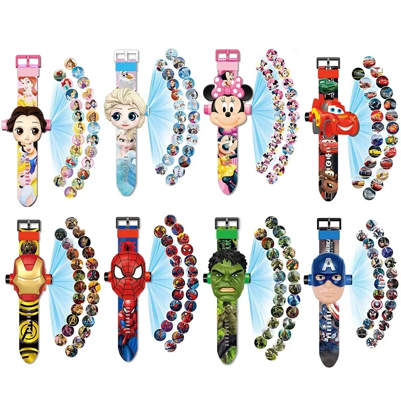 

Disney Mickey Mouse Projection Watch Frozen Elsa Princess Marvel Spiderman Wristband Electronic Figure Toy for Children Gifts
