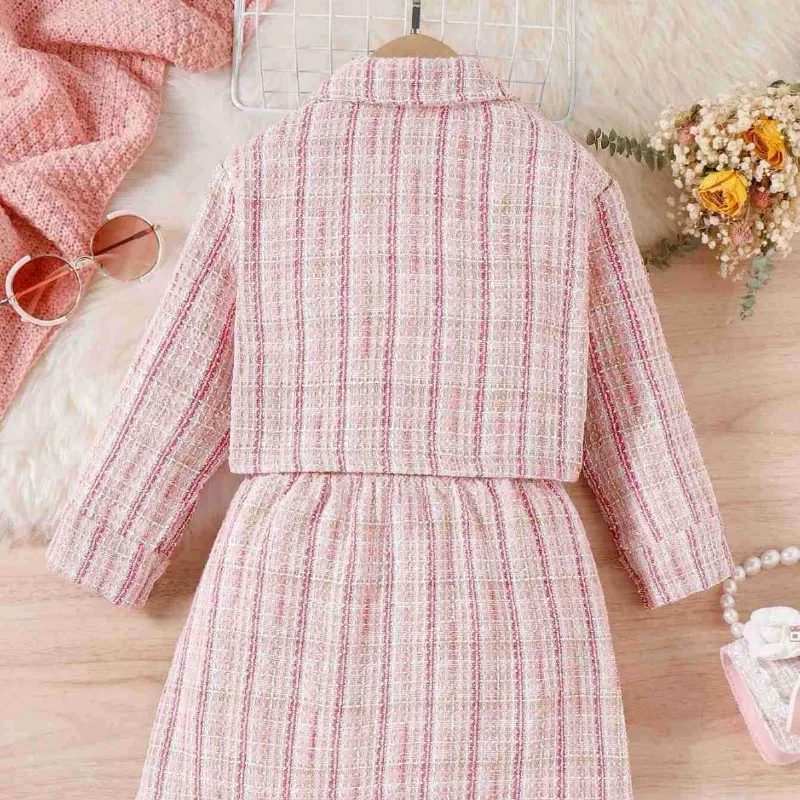 Spring Autumn Baby Girl Set Pink Tweed Coat+Solid Turtleneck T