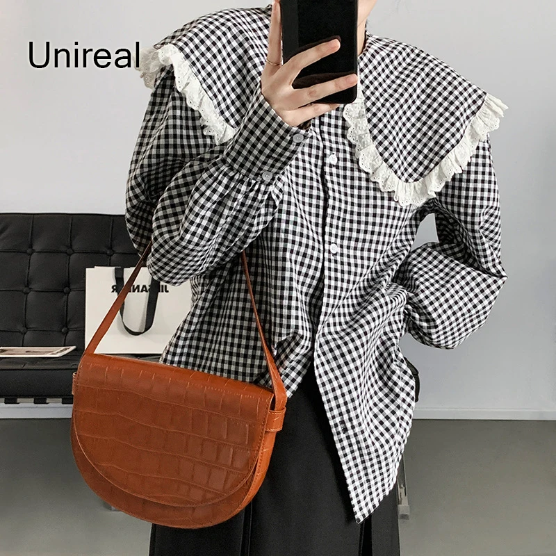

Unireal 2022 Spring Autumn Women Plaid Shirt Long Sleeve Vintage Lace Crochet Loose Casual Blouse Shirt Vintage Tops