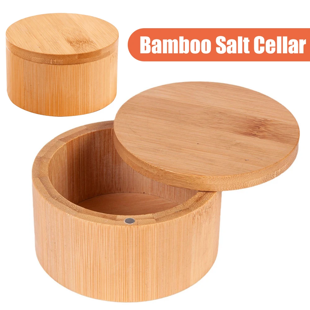 Bamboo Salt Cellar with Swivel Magnetic Closure Lid Bamboo Storage Box Round Salt Container for Storing Pepper Sugar Herbs